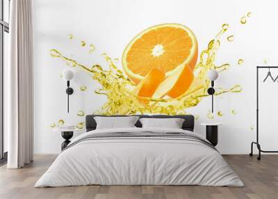 Orange essential oil splash with orange peel isolated on white background. Wall mural