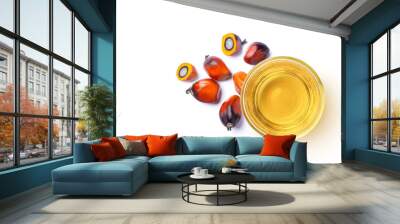 Palm oil in glass bowl and fresh palm fruit solated on white background. Top view. Flat lay. Wall mural