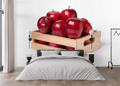 Red apple in wooden box (crate) isolated on white background with clipping path Wall mural