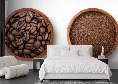 Roasted coffee bean and coffee powder (ground coffe) in wooden bowl isolated on white background. Top view. Flat lay. Wall mural