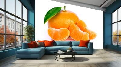 Tangerine or clementine orange fruit with green leaf isolated on white background.  Wall mural