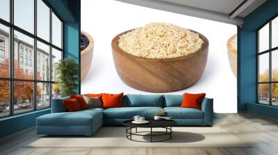 Various type and color of rice ;  riceberry ,brown coarse rice and white thai jasmine rice in wooden bowl isolated on white background. Wall mural