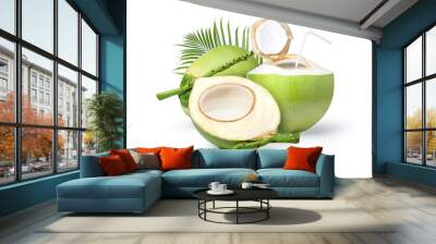 Young green coconut with coconut juice in half fruit and palm leaf isolated on white background. Wall mural