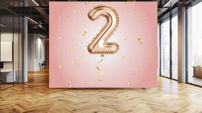 Elegant Pink Greeting celebration two years birthday Anniversary number 2 foil gold balloon. Happy birthday, congratulations poster. Golden numbers with sparkling golden confetti. Vector Wall mural