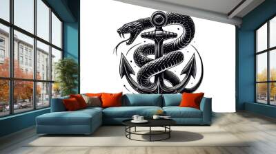 Anchor and snake black and white silhouette graphic clip art vector design Wall mural