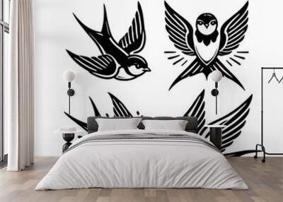 bird flying silhouettes illustration graphic design black and white vector clip art Wall mural