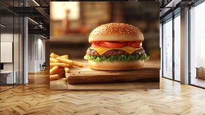 classic tasty burger on a wooden tablet, burger menu, junk fast food, french fries and the burger with meat, cooking a burger at home. Ai Generative Wall mural