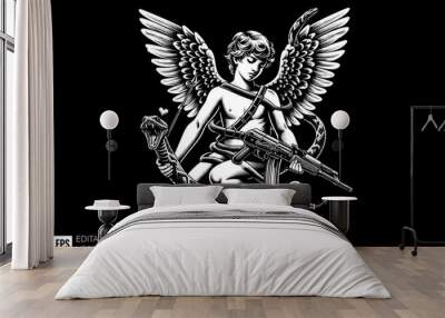 Illustration of Cupid holding gun for graphic tee design vector Wall mural