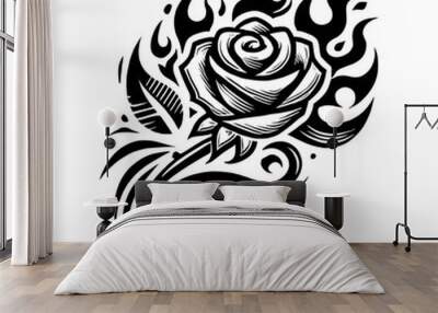 rose tattoo vector graphic design black and white clip art silhouette Wall mural