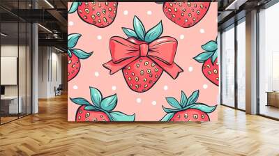 Seamless Strawberry pattern with bow in cartoon style. Cute trendy design. Vector funky illustration. Ballet-core, coquette-core background.  Generative Ai Wall mural