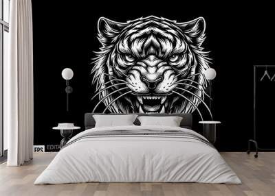 Tiger head illustration black and white Wall mural