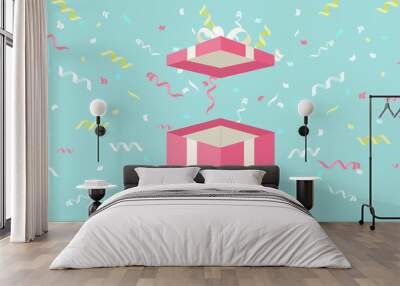 Opened pink gift box with confetti.
vector Illustration. Wall mural