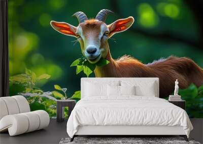 A goat eating leaves from a bush, playful stance, soft natural light casting long shadows Wall mural