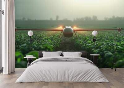 Agricultural drone, spraying crops in a field, bright midday light Wall mural