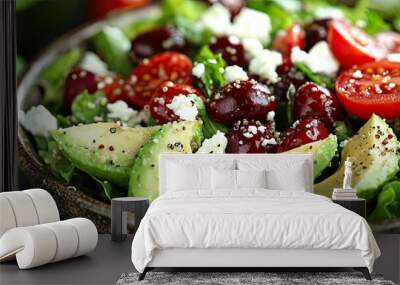 Avocado salad, with cherry tomatoes, feta cheese, and quinoa, in a ceramic bowl, under bright natural lighting Wall mural