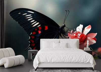 Butterfly proboscis, extended and sipping, flower petal, bright sunlight Wall mural