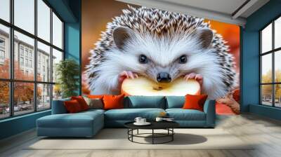 Close-up of a hedgehog nibbling on an apple slice, small nose twitching, soft warm indoor lighting Wall mural