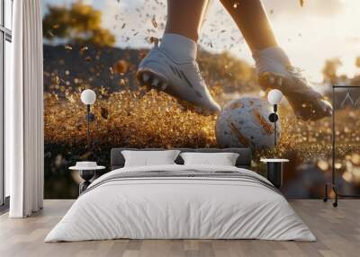 Close-up of a woman's foot kicking a soccer ball, grass flying, natural sunlight Wall mural