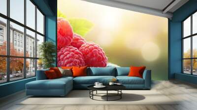 Close-up of organic raspberries, vivid red color, placed on a leaf, soft sunlight Wall mural