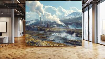 Color photo of a geothermal power plant, steam rising from vents in a volcanic area, rugged terrain with bright daylight Wall mural