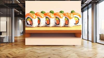 Color photo of a sushi platter, fresh rolls with bright fish and avocado, served on a wooden board, bright overhead light Wall mural