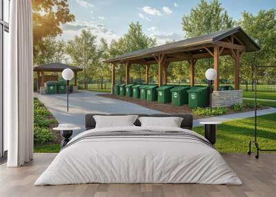 Community composting site, with bins and educational signs, park setting, midday sun Wall mural