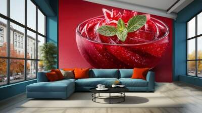 Cranberry relish in a glass bowl, garnished with mint leaves, bright red color, natural daylight Wall mural