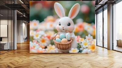 Easter bunny figurine, holding a basket of eggs, surrounded by spring flowers, bright garden light Wall mural