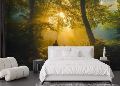 Family of four, holding hands, walking through a forest, soft filtered sunlight Wall mural