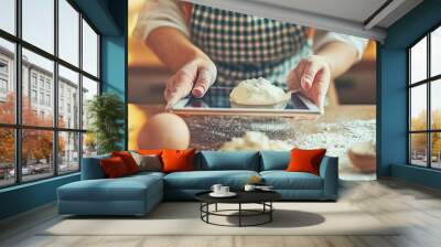 Hands using a tablet to follow a recipe, ingredients laid out on the counter, soft kitchen light in the background Wall mural