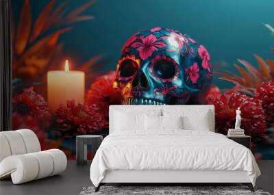 Painted sugar skull, vibrant blue and pink designs, placed among marigolds, soft candlelight Wall mural