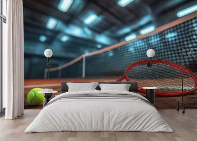 Playing tennis, racket swinging at a ball, net in background, court lighting Wall mural