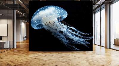 Robotic jellyfish, with LED lights, swimming through a dark aquarium tank Wall mural