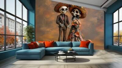 Skeleton bride and groom figurines, holding hands, traditional Mexican wedding attire, natural light Wall mural