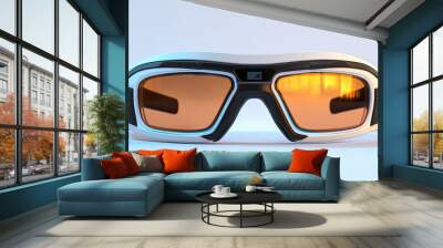 Smart glasses with augmented reality display, thin frame, glowing softly, against white background Wall mural