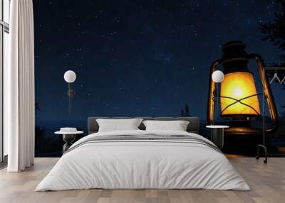 Solar-powered lantern, glowing at night, campsite background, stars visible Wall mural