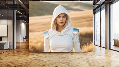 Illustration of fantasy pretty woman with white dress whit a hood. Generative Ai Wall mural