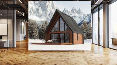 Stylish A-frame cabin, dark wood exterior, expansive glass front, snowy mountain background Wall mural