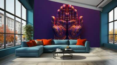 Stylized Lakshmi footprints, gold and red, placed on a rich purple background Wall mural