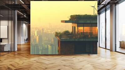 Urban wind turbine, on top of a building, cityscape background, clear sky Wall mural