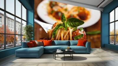 Fork with spaghetti basil and meatball. Wall mural