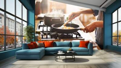 Cooking, kitchen and woman with food in a pan for lunch, dinner or supper in a modern house. Diet, wellness and closeup of a female person preparing a healthy meal in a pot on a stove at her home. Wall mural