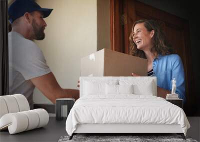 Happy woman, delivery man and package box at door for order, parcel or cargo of customer in transport service. Female person receiving shipment from male courier, supply chain or deliver at the house Wall mural