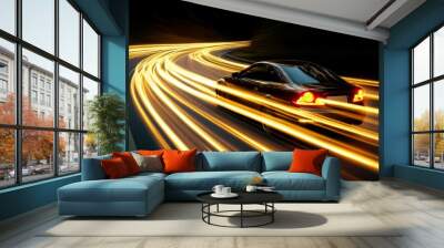 A car driving fast through illuminated light trails on a dark road, symbolizing speed, energy, and motion in night photography.. Wall mural