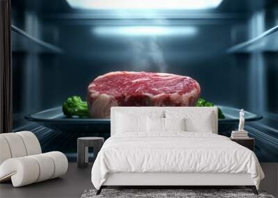 A thick, raw steak resting on a plate in a refrigerator, with fresh broccoli on the side, emphasizing freshness and food storage.. Wall mural