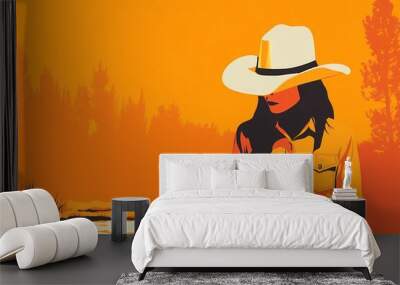 background image of a cowboy woman, western illustration style, western.   Wall mural