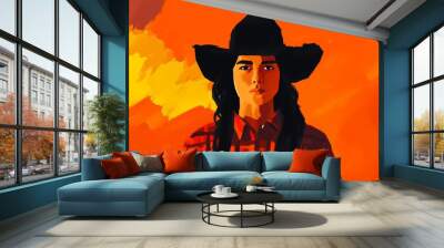 background image of a cowboy woman, western illustration style, western.   Wall mural