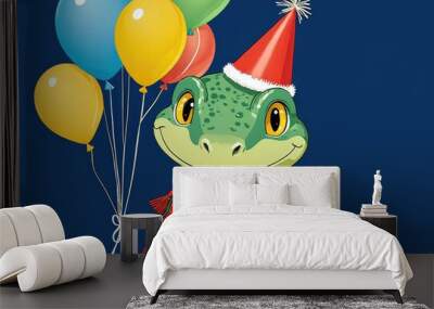 cute snake in the cap of Santa Claus with balloons on a blue background. New year 2025 Wall mural