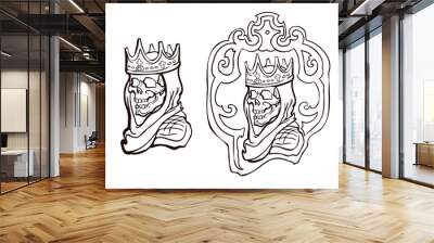 Dead king hand drawn vector Skull in crown. Line drawings on isolated white background  for coloring book. Print, posters, t-shirt. Wall mural