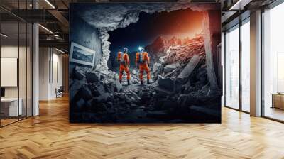 Disaster, under the magnitude 8 earthquake, the house collapsed and shattered, rescue team in orange mountaineering suits searching for survivors in the ruins. Digital illustration Generative AI. Wall mural